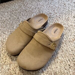 Dr. Scholl's Beige Mules with Gold Buckle